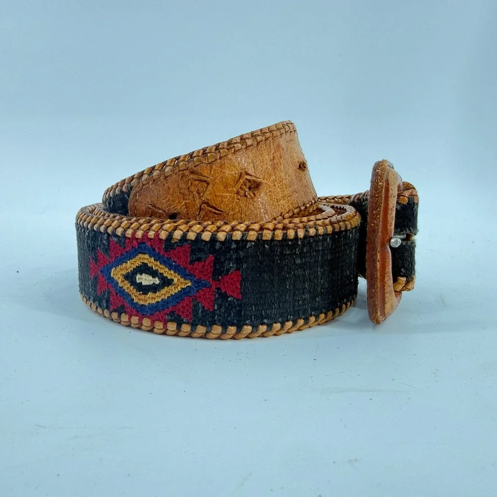 Vintage Southwestern‎ Woven Leather Belt Unisex SZ 40 Brown Black Geometric Boho